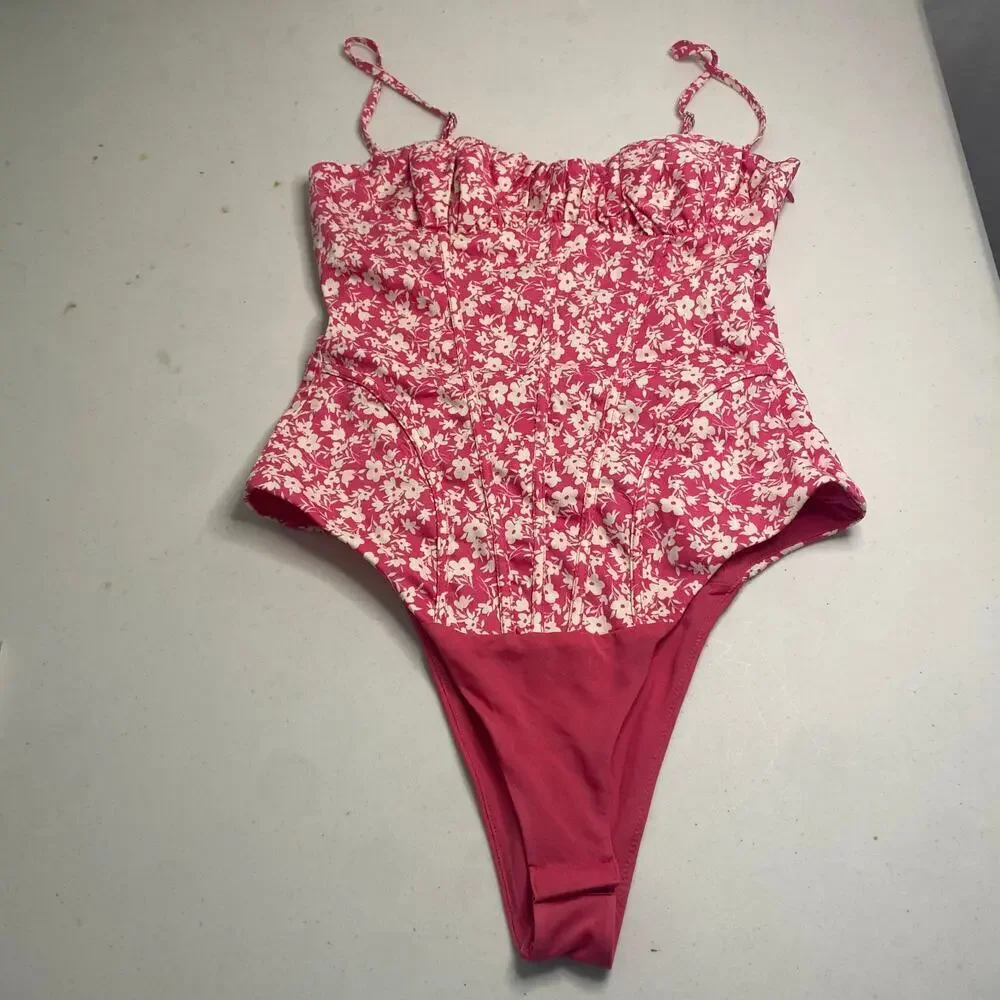 Zara Pink Flower One Piece Bodysuit Tank Top Corset Size XS Y2K Barbiecore